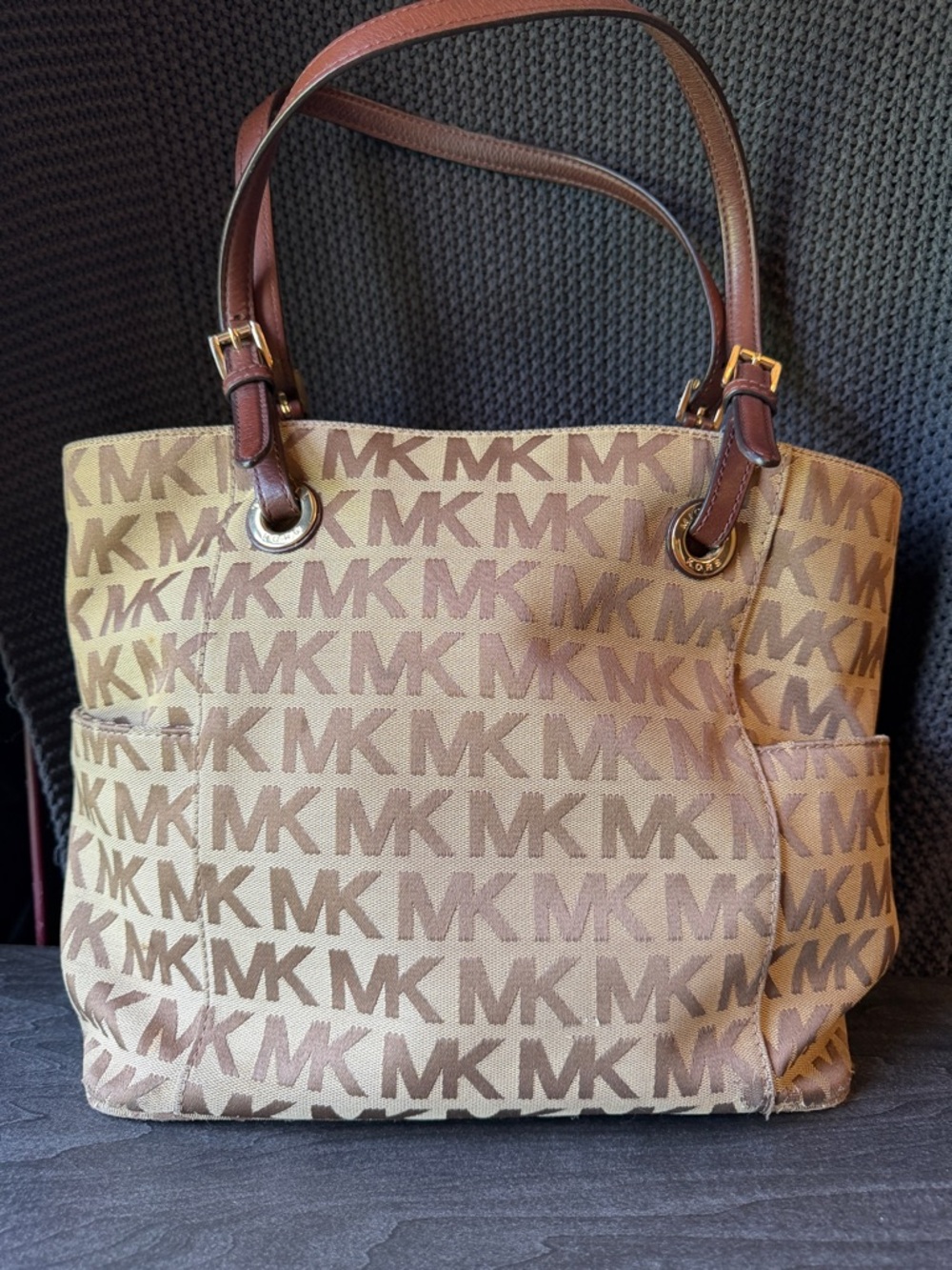 Michael Kors Tan and Brown MK Logo Canvas Tote